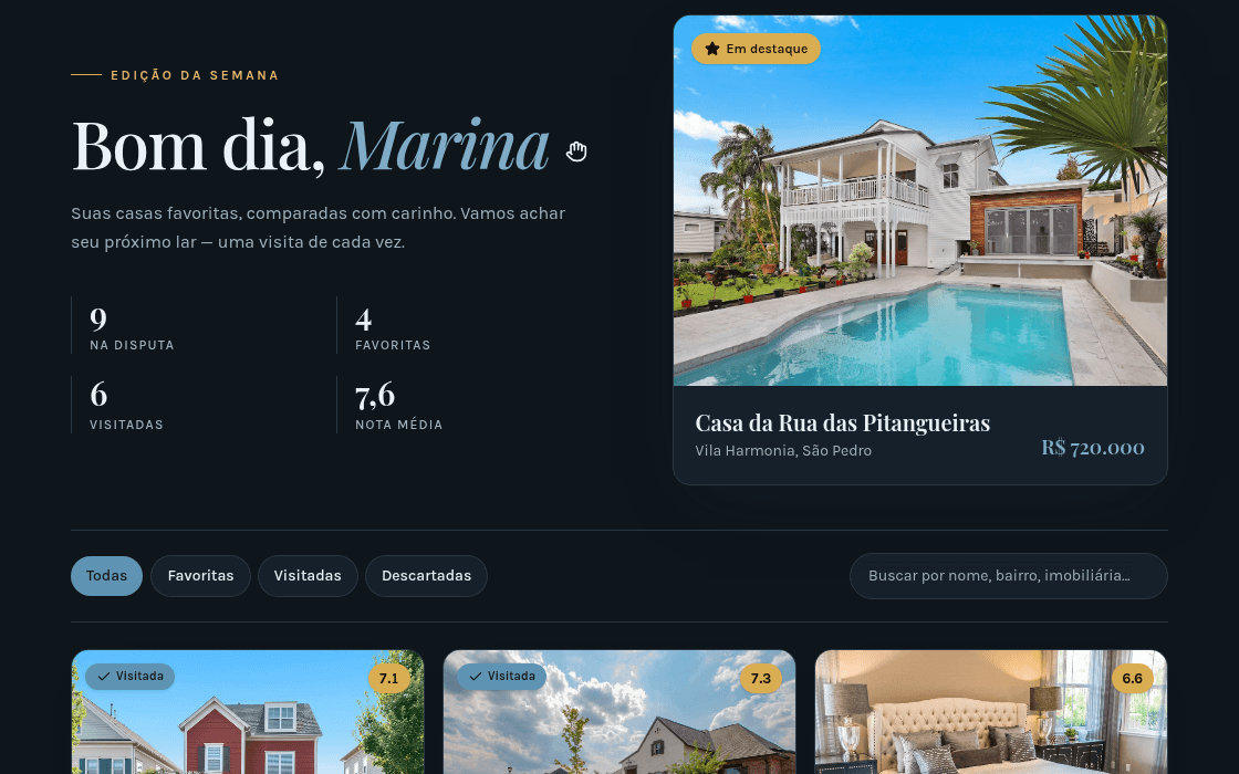 Galeria do Pondera Casa mostrando a casa em destaque da semana e o resumo do portfólio do usuário.